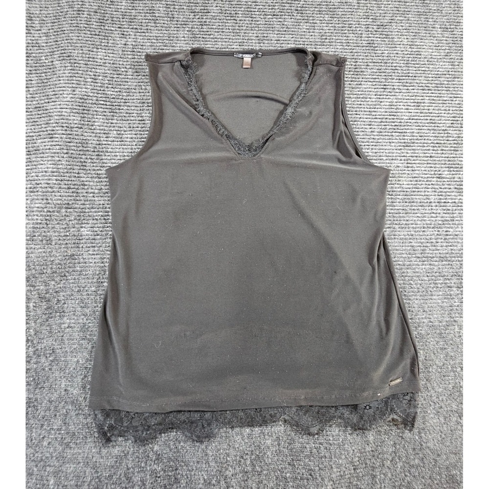 T Tahari Top Womens Large Gray Lace Trim V-Neck Sleeveless Pullover Summer Wear